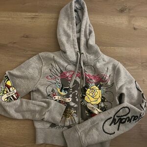 🔥 Ed Hardy Gray Zip-Up Jacket – Y2K Tattoo Aesthetic ✨